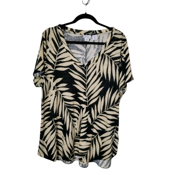 Nicole Miller 100% Linen Tropical Botanical Leaves Short Sleeve Blouse‎ Top 1X - Picture 1 of 8